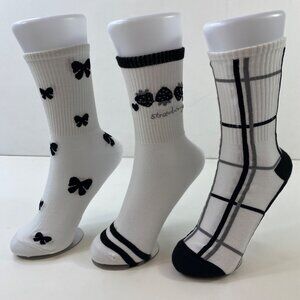 Womens Crew Socks 3-Pack Mixed Patterns Bow Grid Strawberry Black White